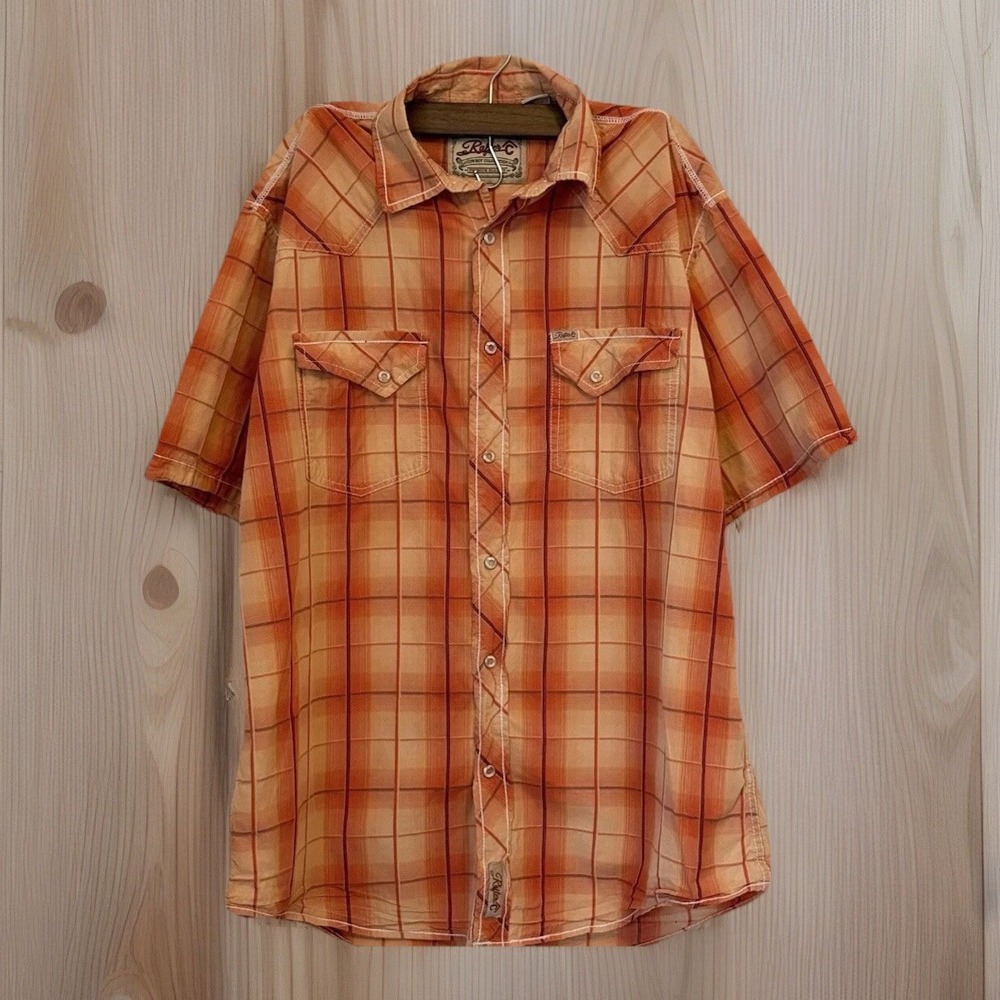 Rafter C Short Sleeve Men's Plaid Shirt Large Orange Cowboy Snap